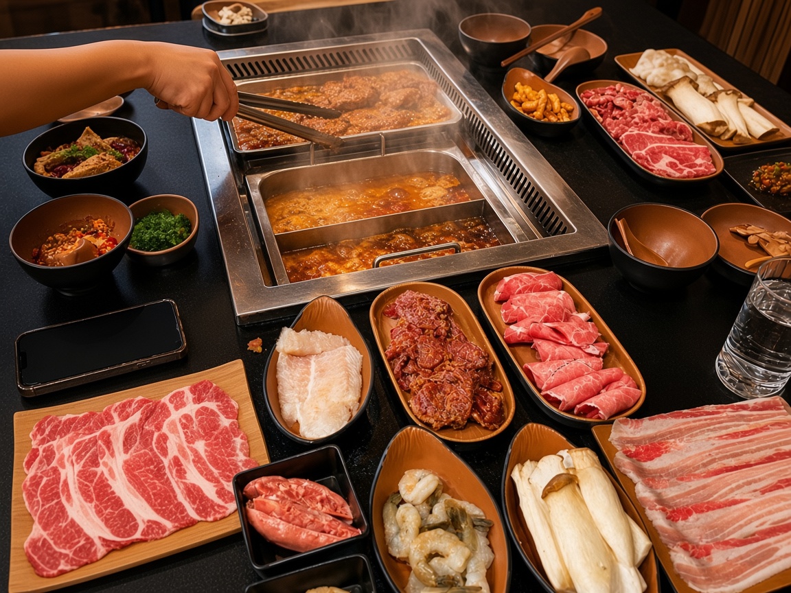 Hotpot and grill spread at the table