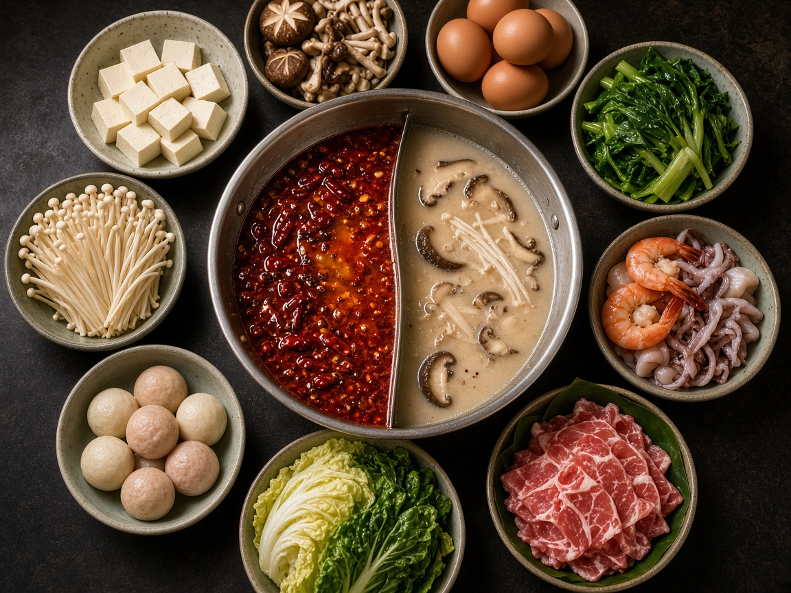 Hotpot spread with broths and ingredients